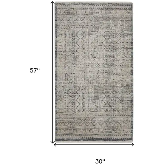 Ivory And Blue Geometric Distressed Area Rug With Fringe Photo 3
