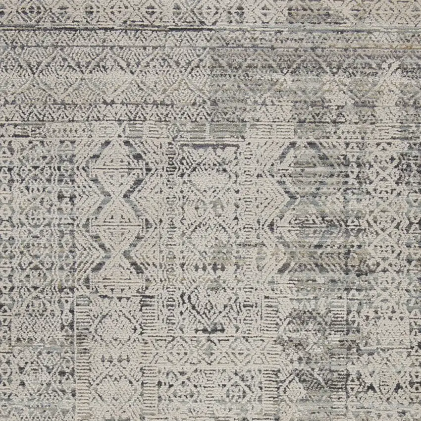 Ivory And Blue Geometric Distressed Area Rug With Fringe Photo 4