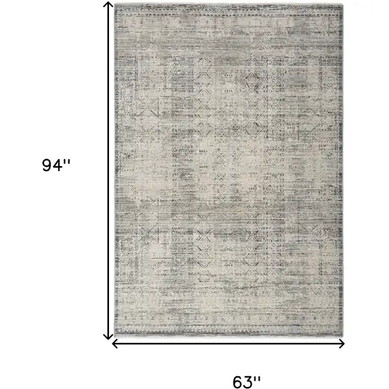 Ivory And Blue Geometric Distressed Area Rug With Fringe Photo 3