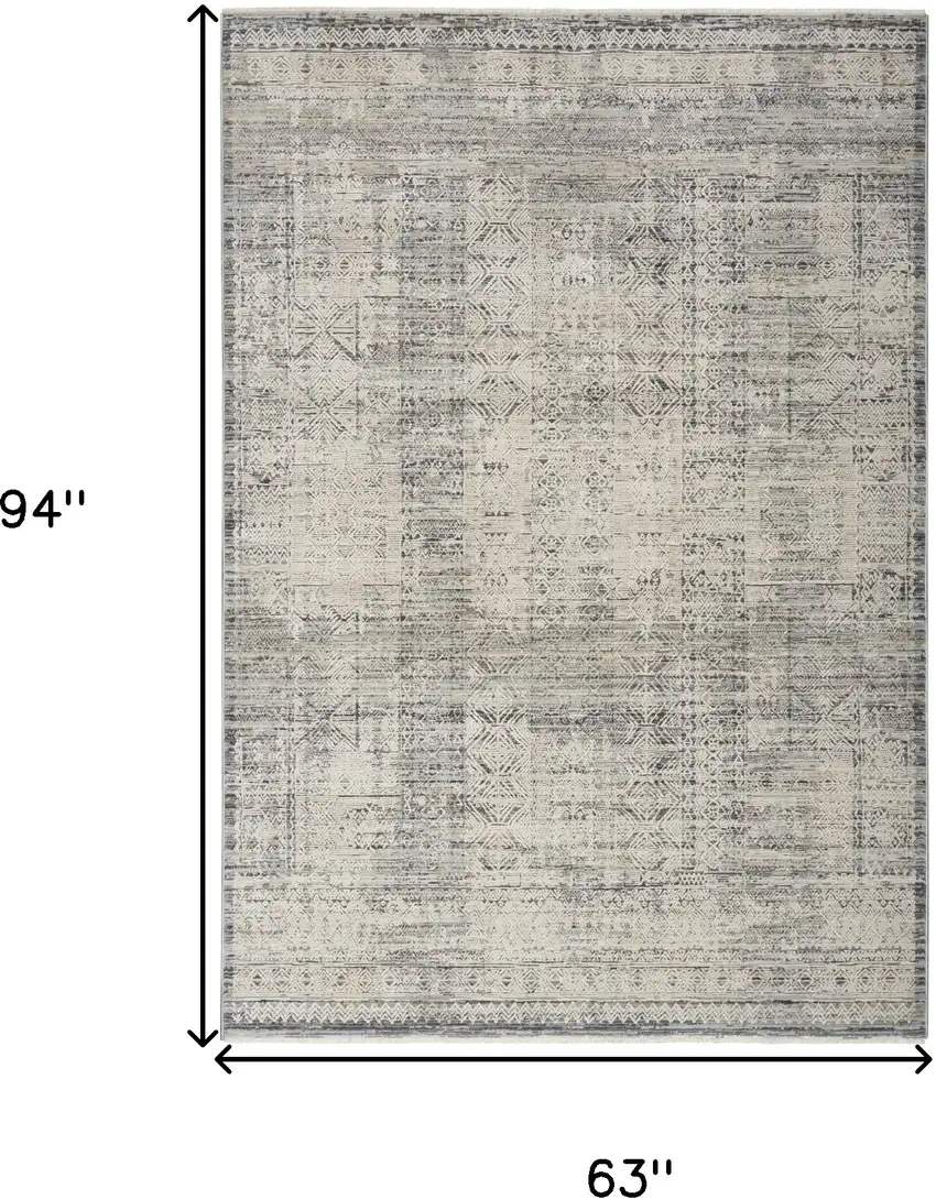 Ivory And Blue Geometric Distressed Area Rug With Fringe Photo 3