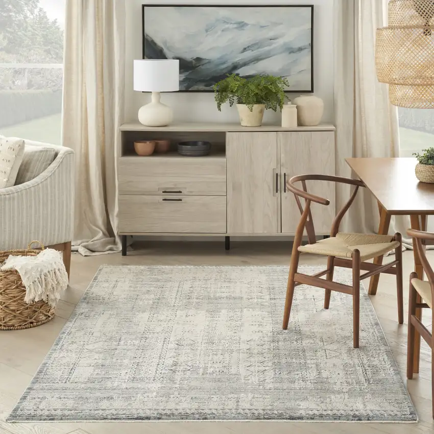 Ivory And Blue Geometric Distressed Area Rug With Fringe Photo 5