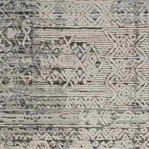 Photo of Ivory And Blue Geometric Distressed Area Rug With Fringe