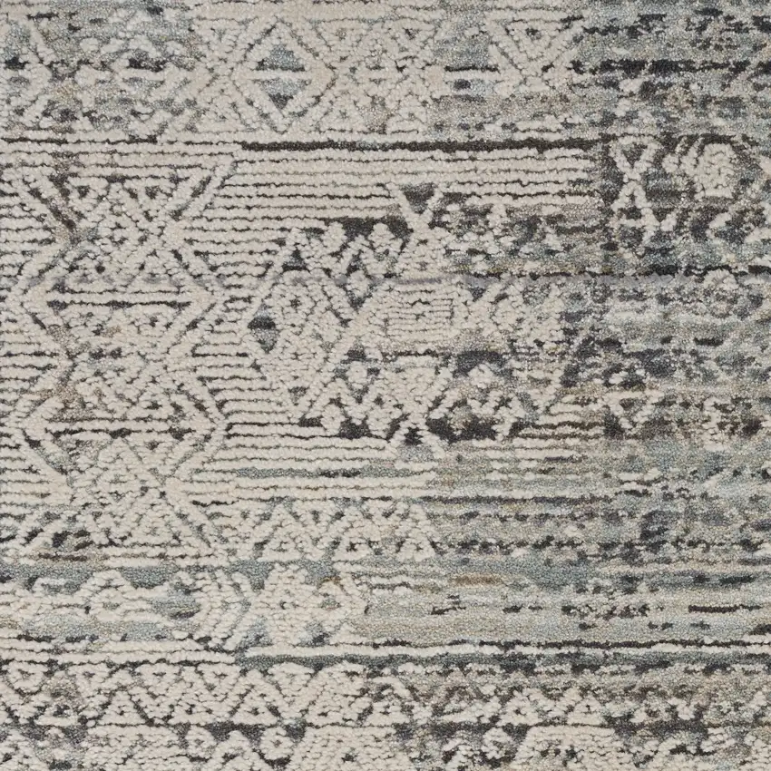 Ivory And Blue Geometric Distressed Area Rug With Fringe Photo 3