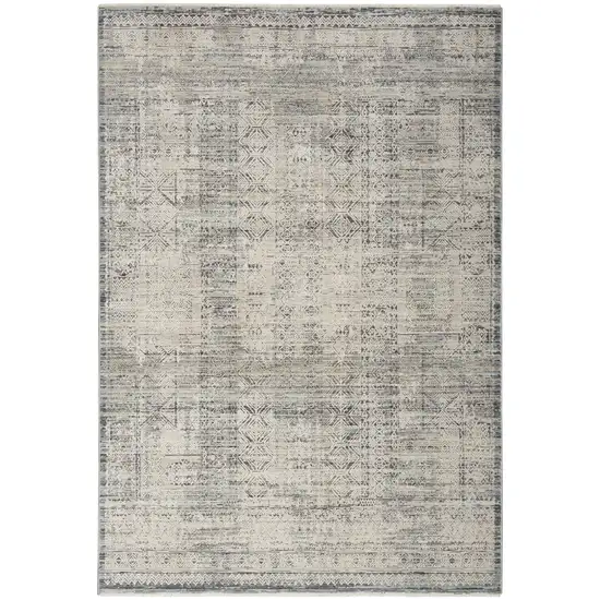 Ivory And Blue Geometric Distressed Area Rug With Fringe Photo 2