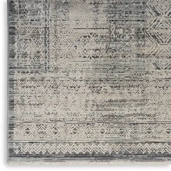 Ivory And Blue Geometric Distressed Area Rug With Fringe Photo 9