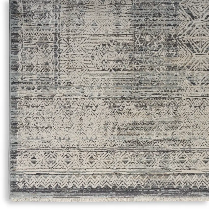 Ivory And Blue Geometric Distressed Area Rug With Fringe Photo 9