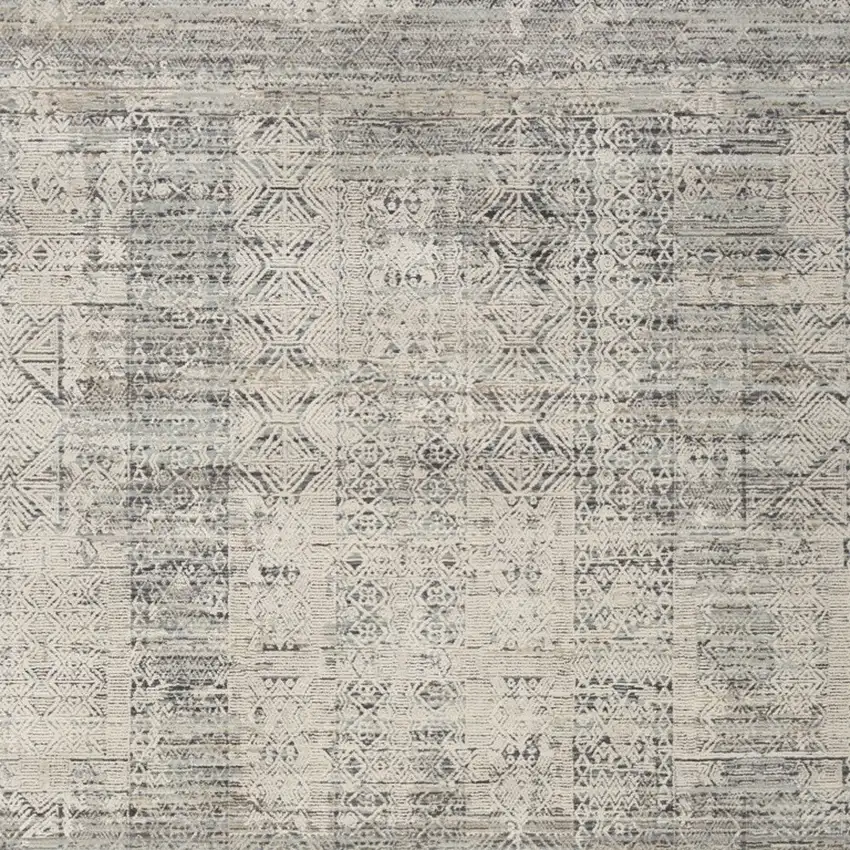 Ivory And Blue Geometric Distressed Area Rug With Fringe Photo 6