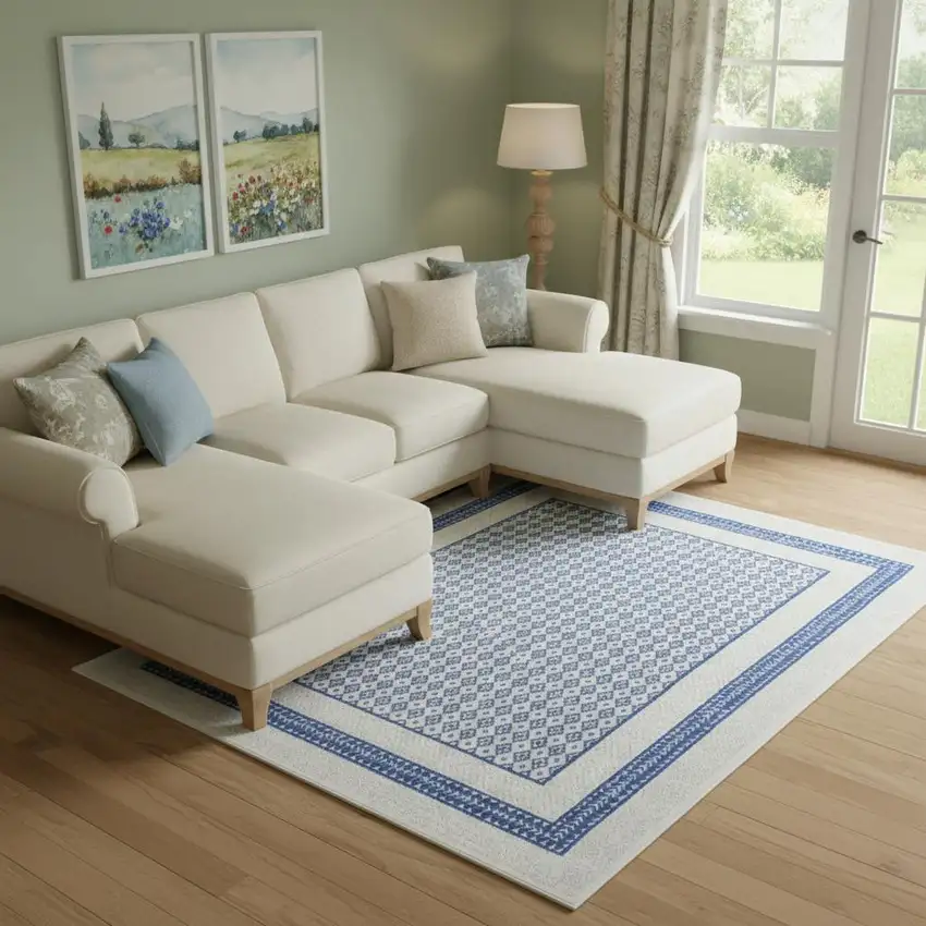 Ivory And Blue Geometric Distressed Area Rug Photo 1