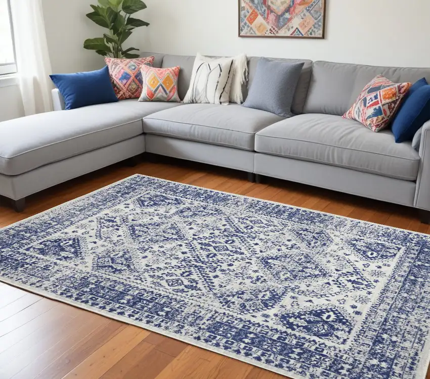 Ivory And Blue Geometric Distressed Area Rug Photo 1