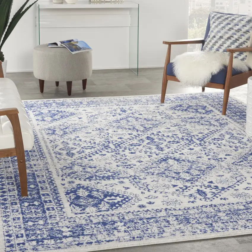 Ivory And Blue Geometric Distressed Area Rug Photo 5