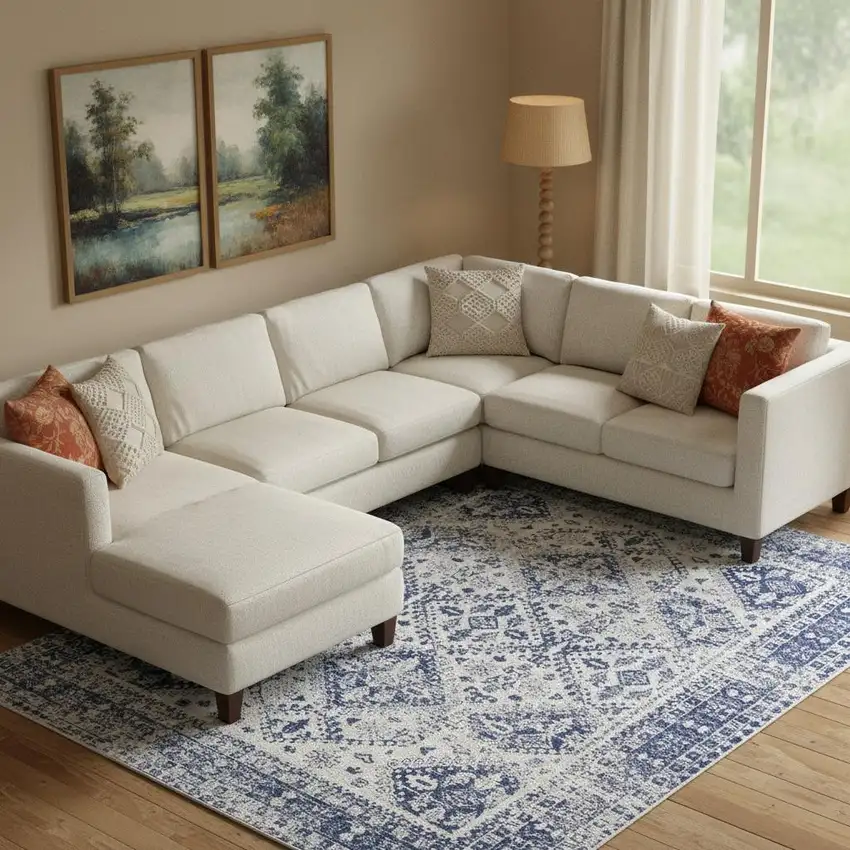 Ivory And Blue Geometric Distressed Area Rug Photo 1