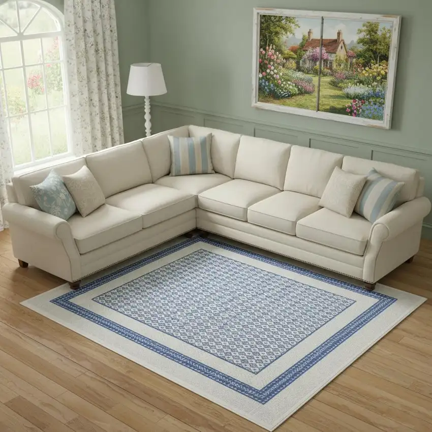 Ivory And Blue Geometric Distressed Area Rug Photo 1