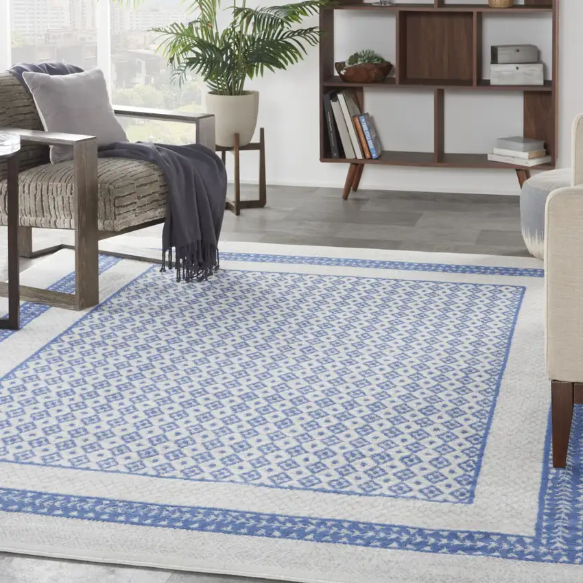 Ivory And Blue Geometric Distressed Area Rug Photo 5
