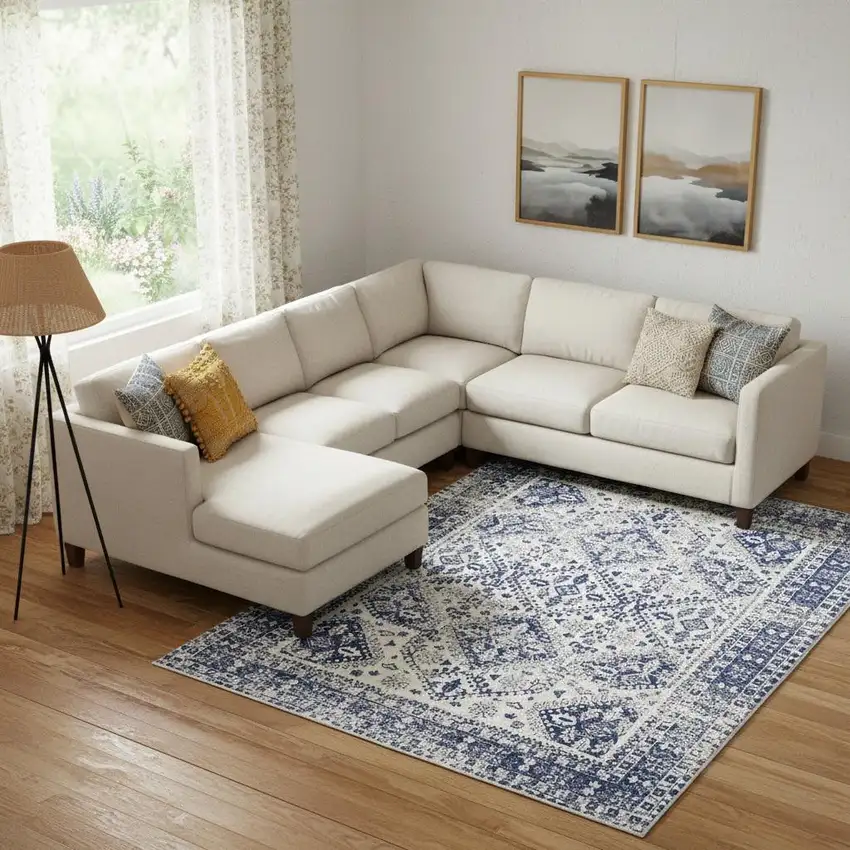 Ivory And Blue Geometric Distressed Area Rug Photo 1