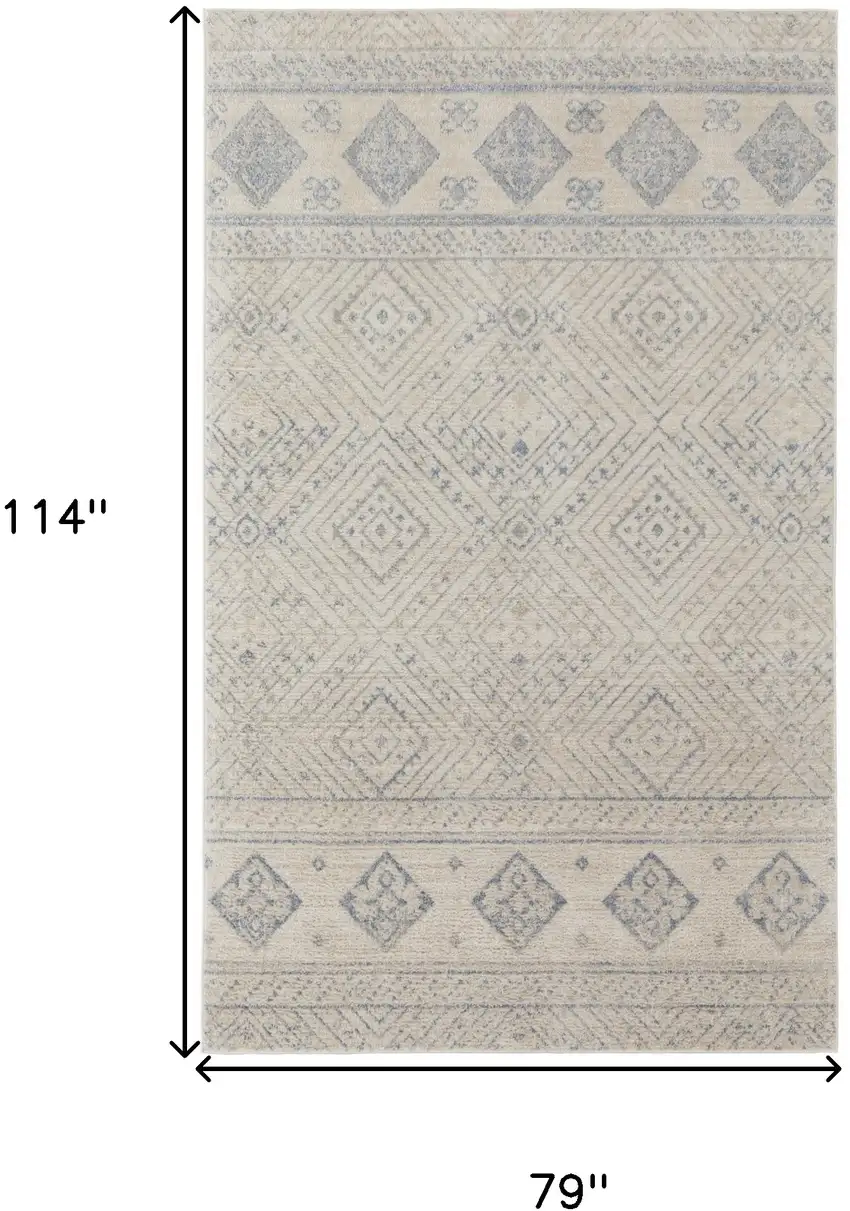 Ivory And Blue Geometric Power Loom Distressed Area Rug Photo 10