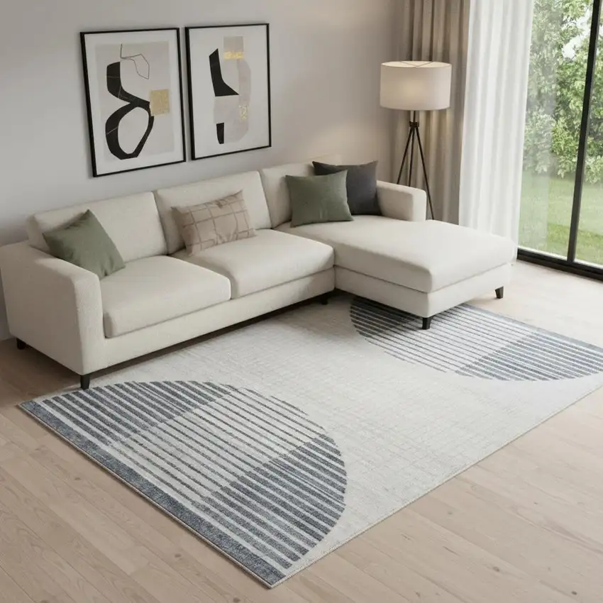 Ivory And Blue Geometric Washable Area Rug Photo 1