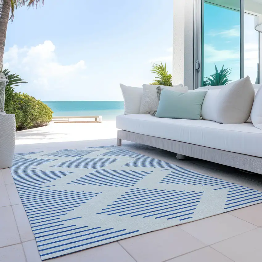 Ivory And Blue Geometric Washable Indoor Outdoor Area Rug Photo 9