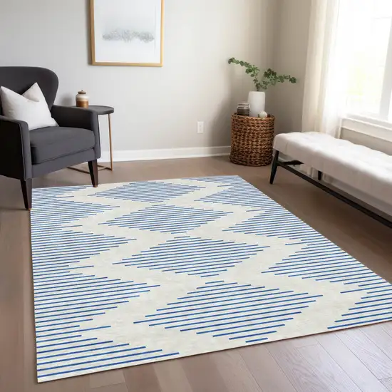 Ivory And Blue Geometric Washable Indoor Outdoor Area Rug Photo 8