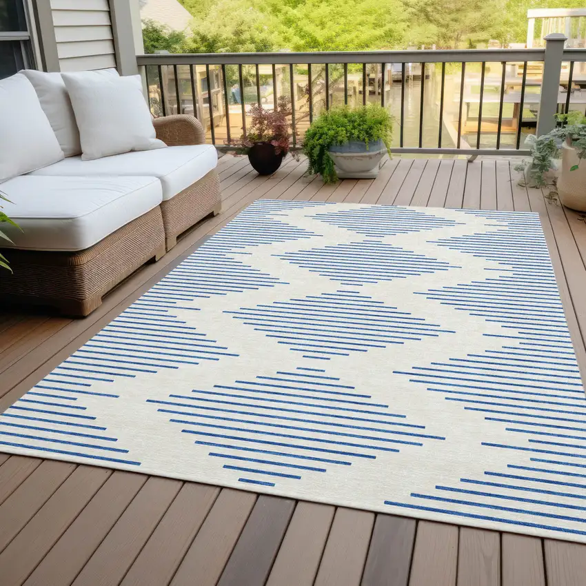 Ivory And Blue Geometric Washable Indoor Outdoor Area Rug Photo 7