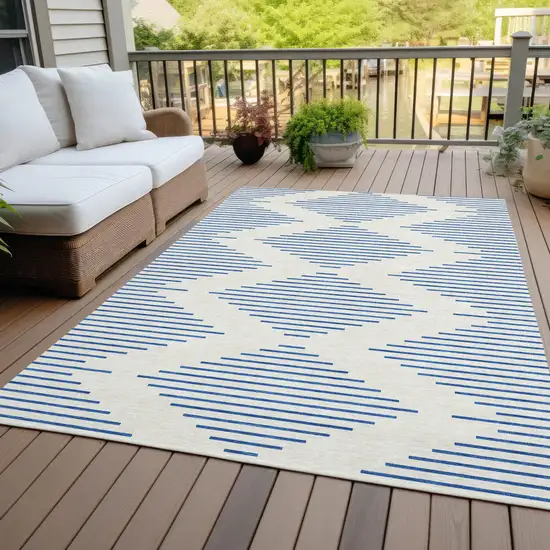 Ivory And Blue Geometric Washable Indoor Outdoor Area Rug Photo 6