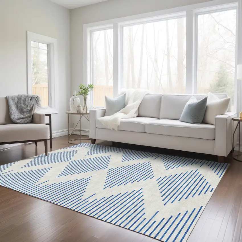 Ivory And Blue Geometric Washable Indoor Outdoor Area Rug Photo 8