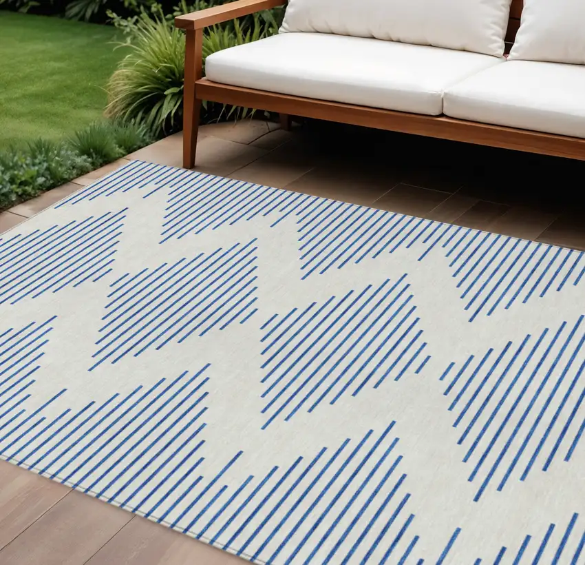 Ivory And Blue Geometric Washable Indoor Outdoor Area Rug Photo 1