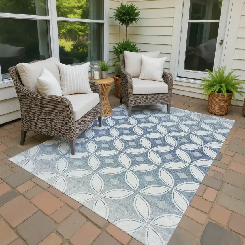 Ivory And Blue Geometric Washable Indoor Outdoor Area Rug Photo 3