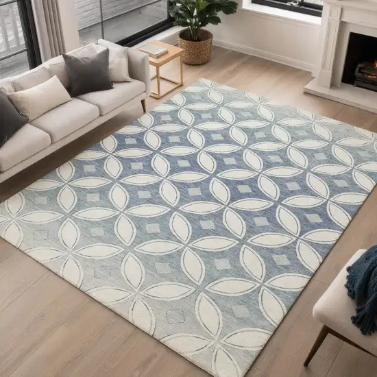 Ivory And Blue Geometric Washable Indoor Outdoor Area Rug Photo 5