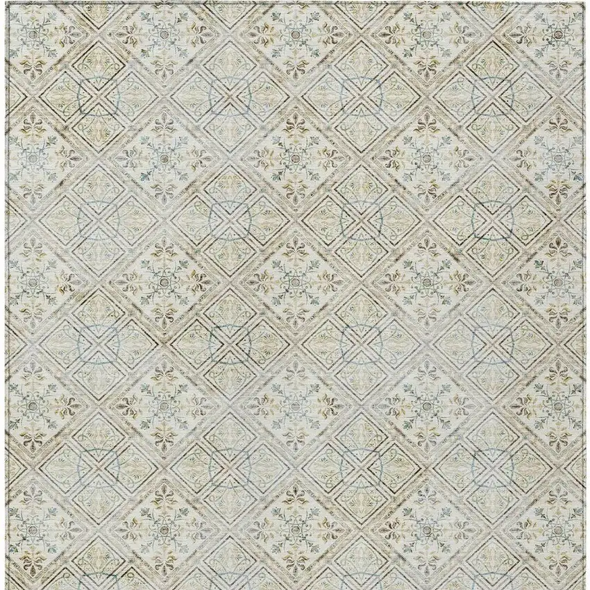 Ivory And Blue Geometric Washable Indoor Outdoor Area Rug Photo 4