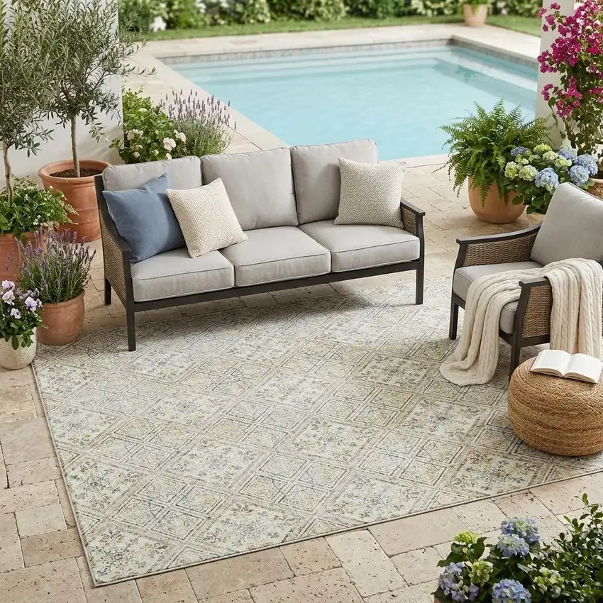 Ivory And Blue Geometric Washable Indoor Outdoor Area Rug Photo 1