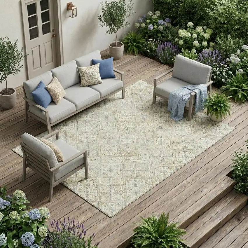Ivory And Blue Geometric Washable Indoor Outdoor Area Rug Photo 1