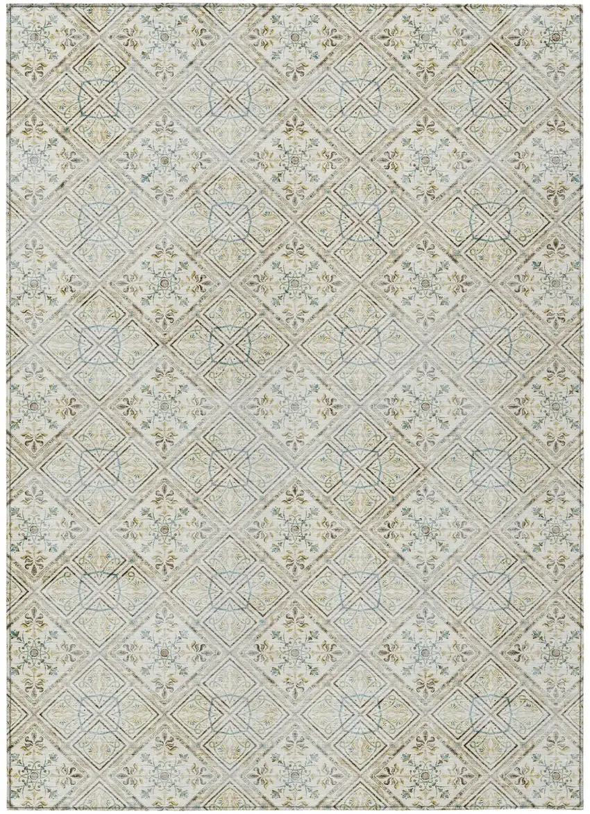 Ivory And Blue Geometric Washable Indoor Outdoor Area Rug Photo 2