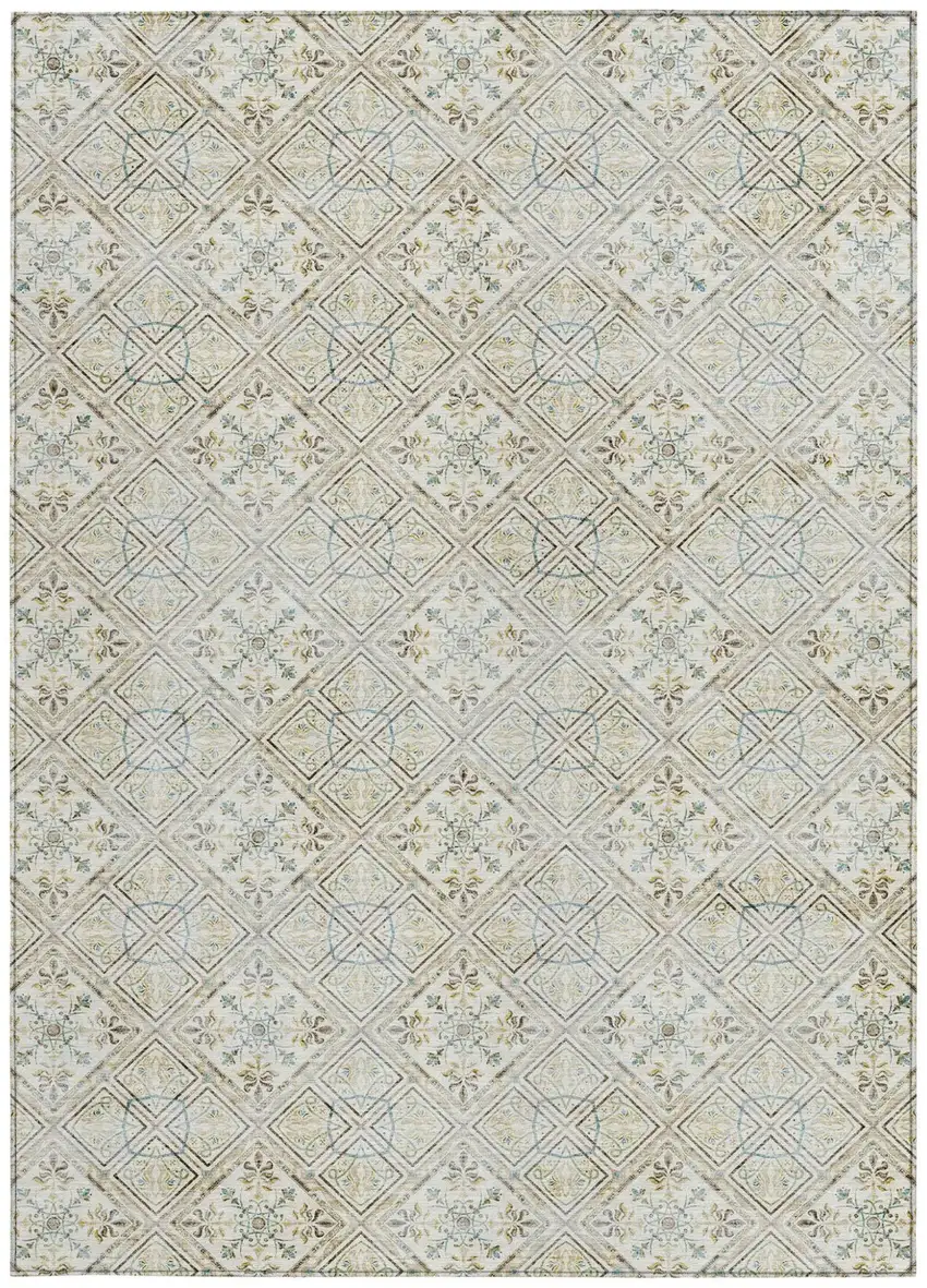 Ivory And Blue Geometric Washable Indoor Outdoor Area Rug Photo 4