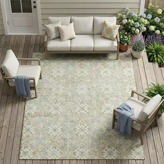 Ivory And Blue Geometric Washable Indoor Outdoor Area Rug Photo 1