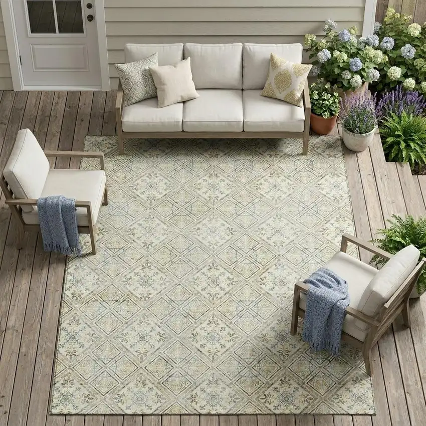 Ivory And Blue Geometric Washable Indoor Outdoor Area Rug Photo 1