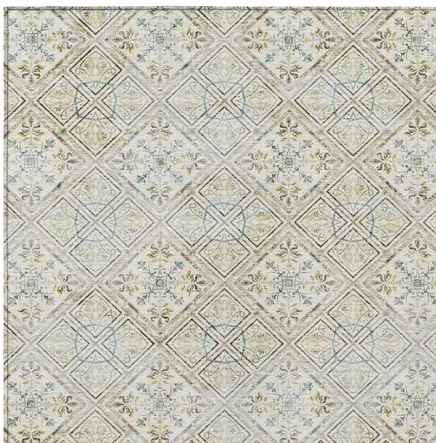 Ivory And Blue Geometric Washable Indoor Outdoor Area Rug Photo 5