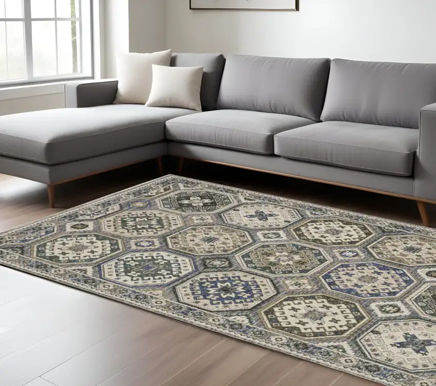Ivory And Blue Medallion Area Rug With Fringe Photo 1