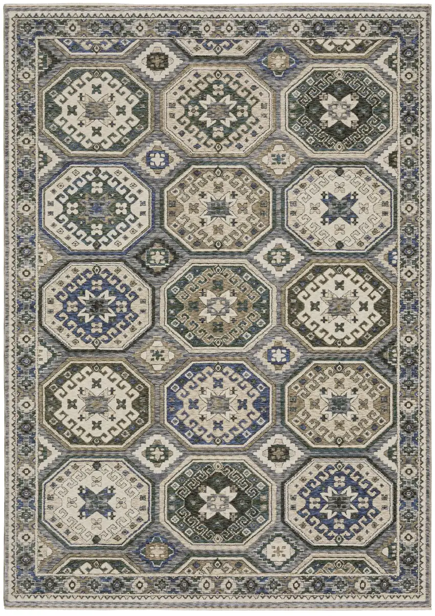 Ivory And Blue Medallion Area Rug With Fringe Photo 2