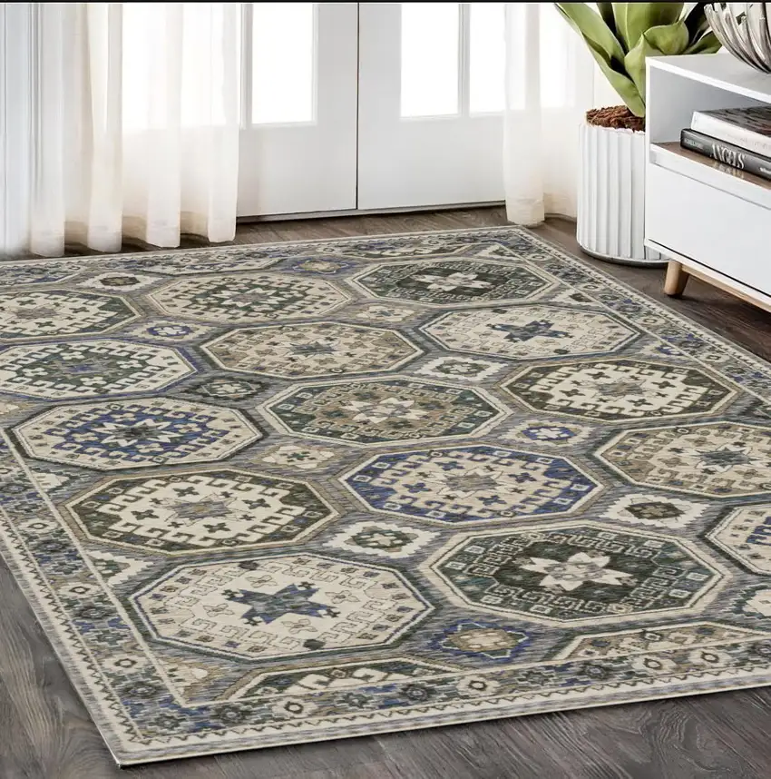 Ivory And Blue Medallion Area Rug With Fringe Photo 1