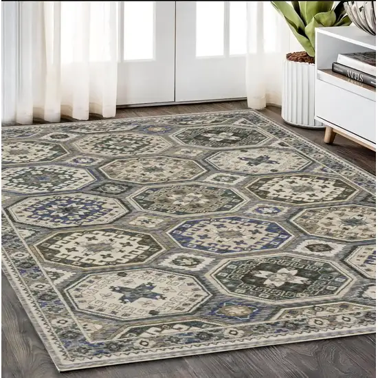Ivory And Blue Medallion Area Rug With Fringe Photo 1