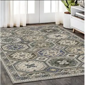 Photo of Ivory And Blue Medallion Area Rug With Fringe