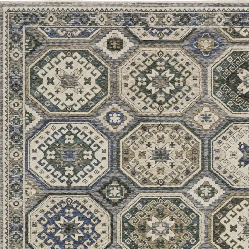 Ivory And Blue Medallion Area Rug With Fringe Photo 8