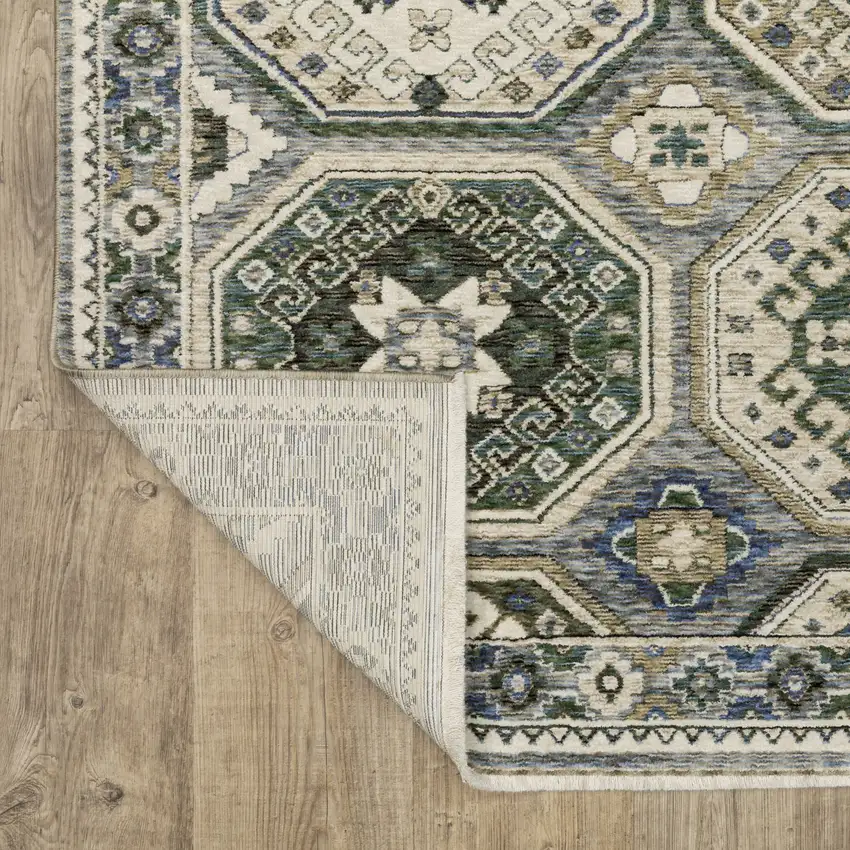 Ivory And Blue Medallion Area Rug With Fringe Photo 9