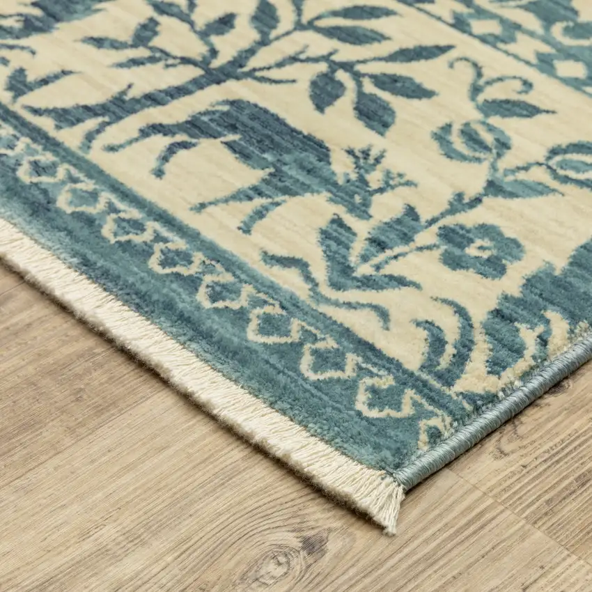 Ivory And Blue Oriental Area Rug With Fringe Photo 9