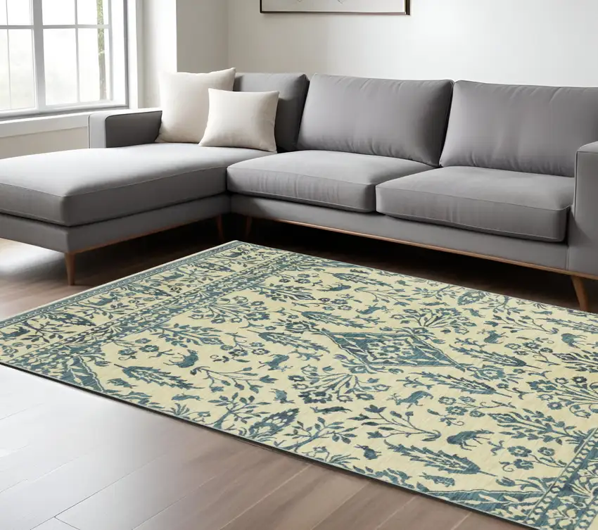 Ivory And Blue Oriental Area Rug With Fringe Photo 1