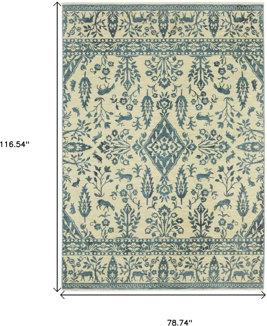 Ivory And Blue Oriental Area Rug With Fringe Photo 3