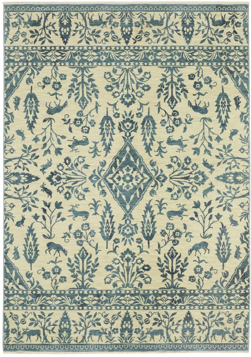 Ivory And Blue Oriental Area Rug With Fringe Photo 2