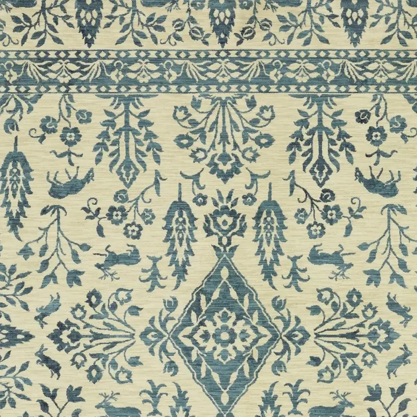 Ivory And Blue Oriental Area Rug With Fringe Photo 7