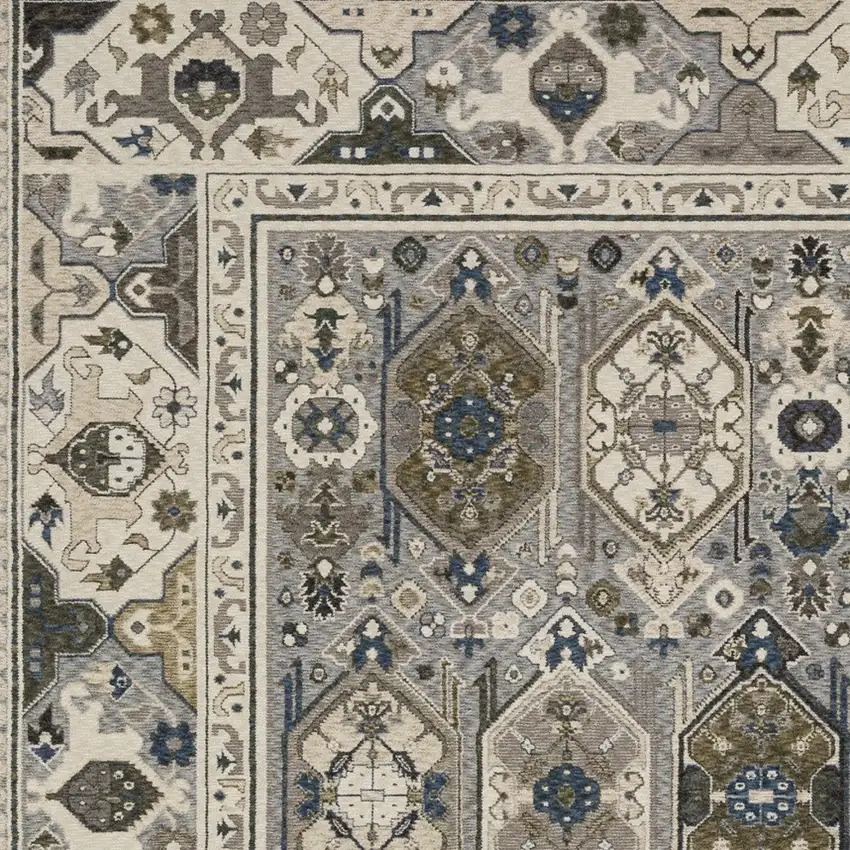Ivory And Blue Oriental Area Rug With Fringe Photo 6