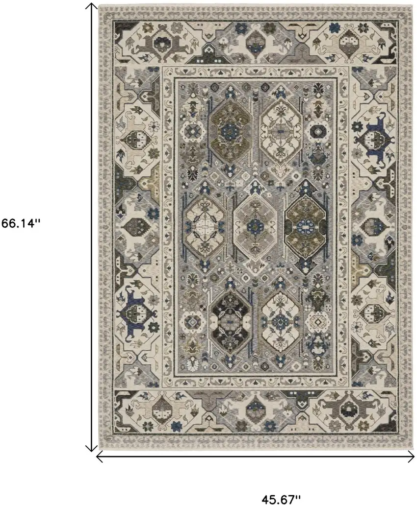 Ivory And Blue Oriental Area Rug With Fringe Photo 3